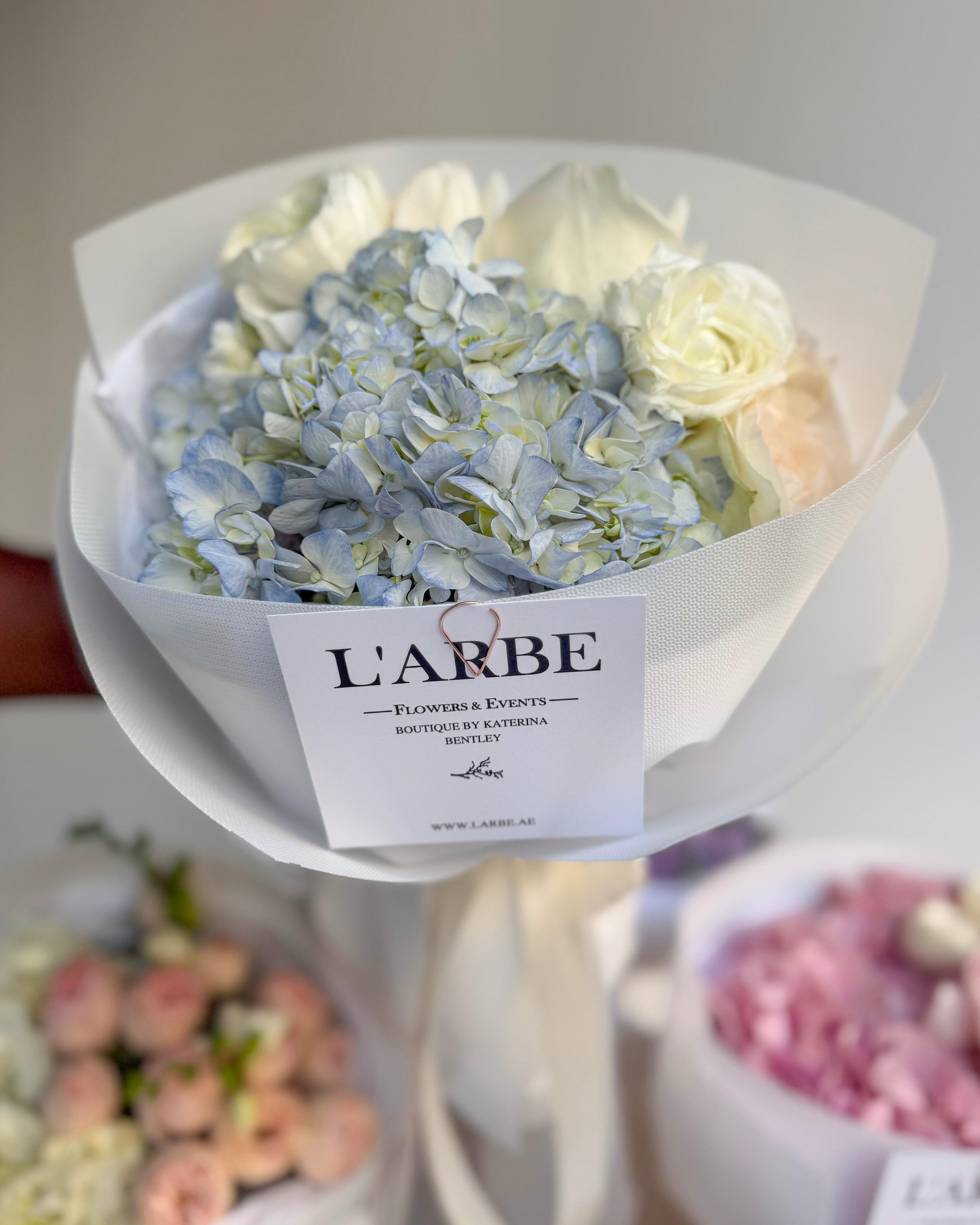 BLUE AND WHITE FLOWERS BOUQUET WITH HYDRANGEA AND RANUNCULUS