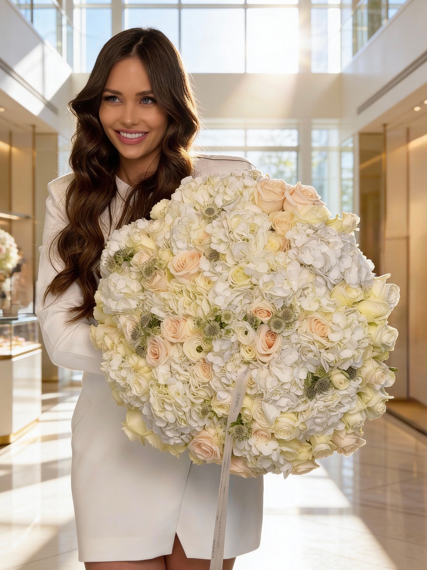 WHITE FLOWERS BOUQUET WITH RANUNCULUS, HYDRANGEAS AND ROSES