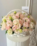 FLOWERS BASKET WITH PINK AND GREEN EUSTOMA