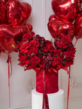 RED BOX VELVET WITH ROSES AND HYDRANGEAS WITH BALLOONS V104 “RAF”