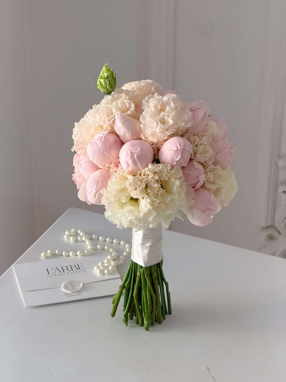 BRIDE BOUQUET WITH EUSTOMA AND PEONY ROSES