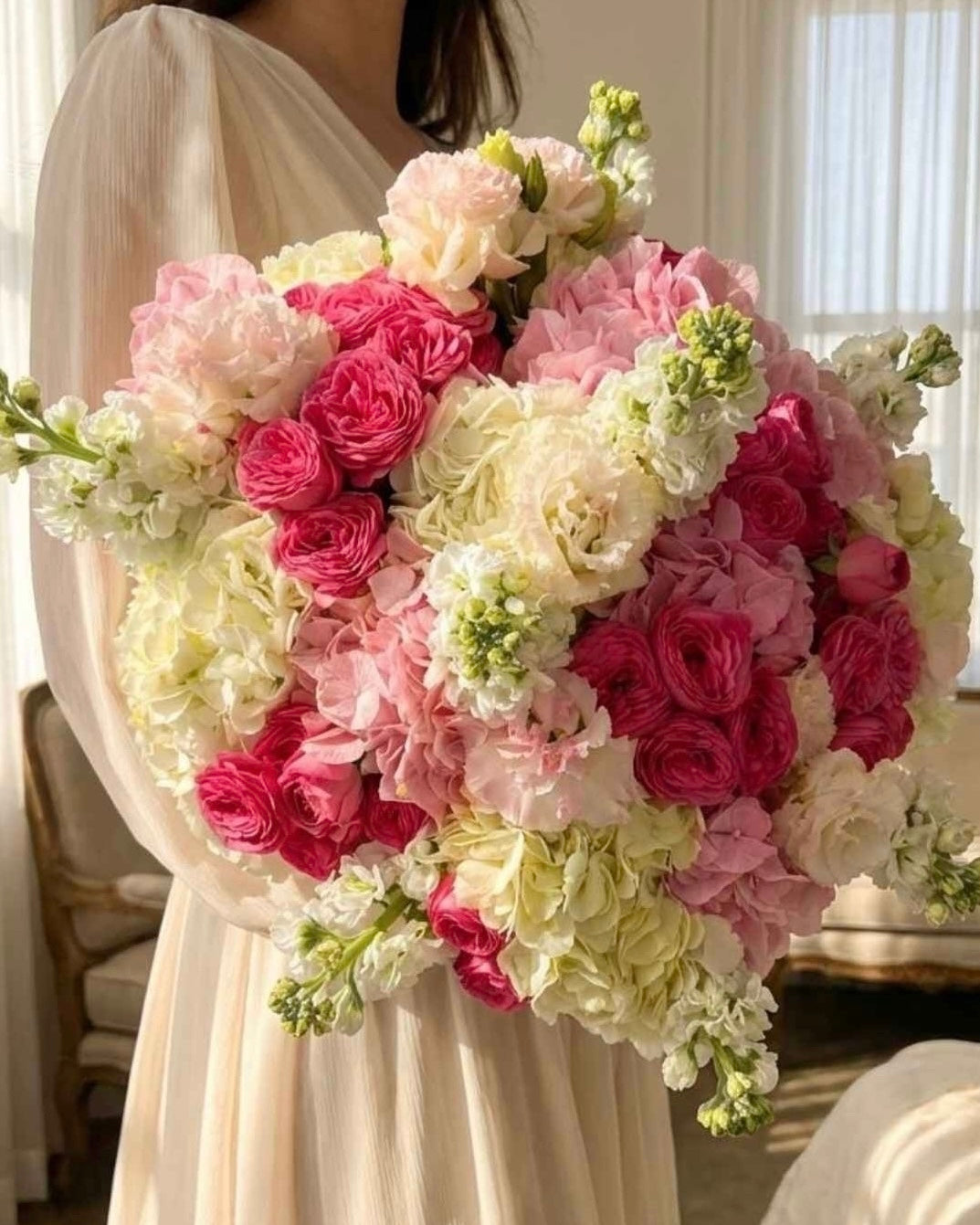 FLOWERS BOUQET WITH DARK PINK BOMBASTIC ROSES AND WHITE MATHIOLA