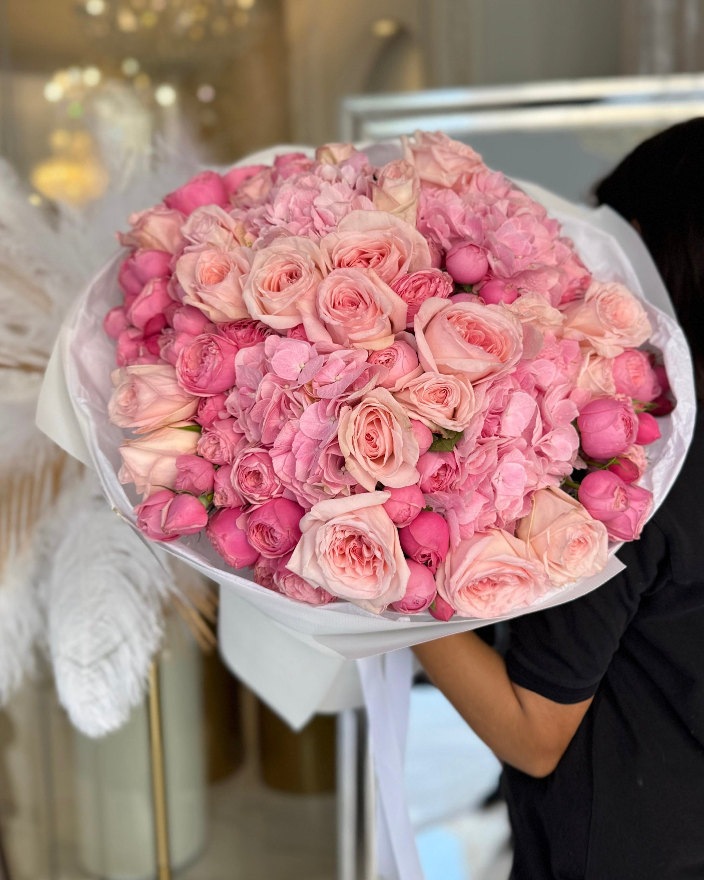 PINK FLOWERS BOUQUET WITH O’HARA HYDRANGEAS AND ROSES
