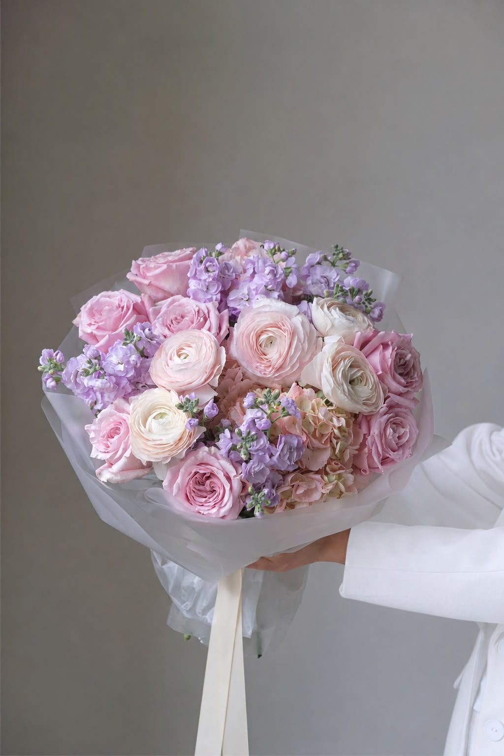FLOWERS BOUQUET WITH HYDRANGEAS, MATTHIOLA AND RANUNCULUS “LUNESSA”