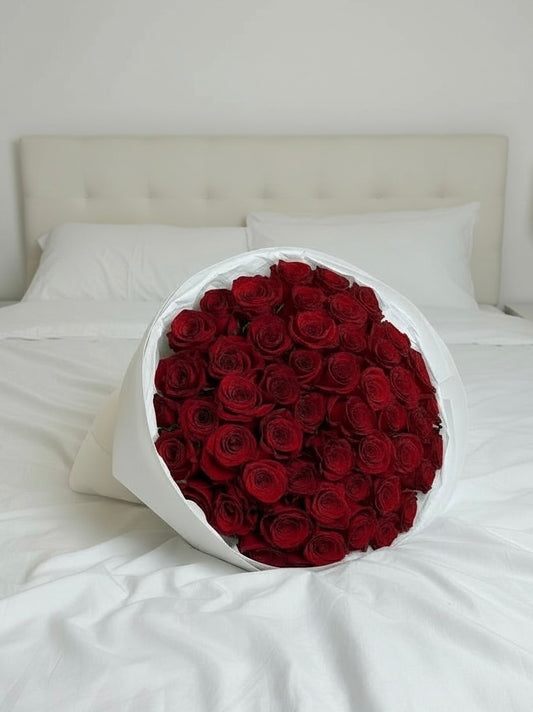 FLOWERS BOUQUET WITH 51 PCS RED ROSES IN WHITE WRAPPING STANDART