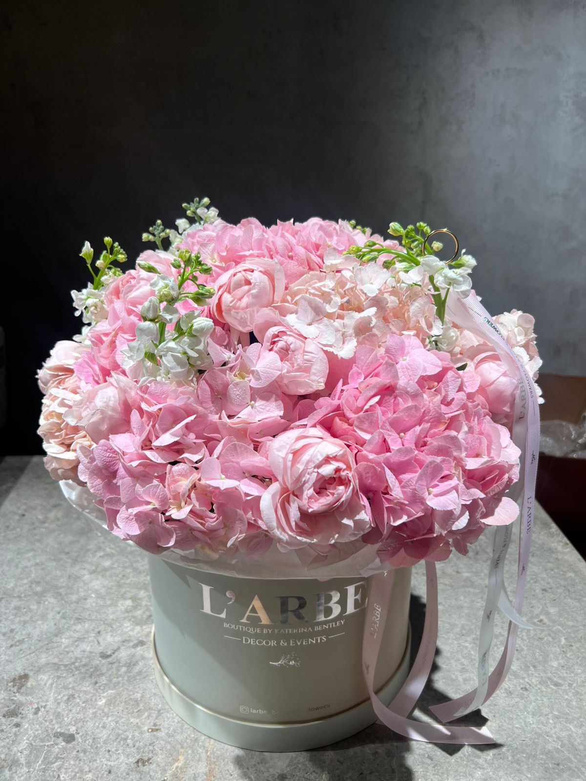 FLOWERS BOX WITH PINK HYDRANGEAS AND PEONIES  “RADIANCE”