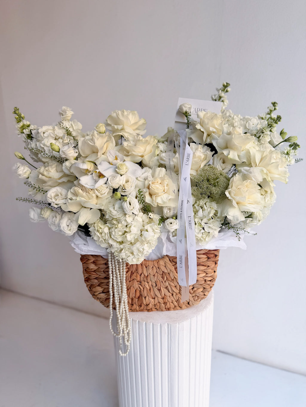 FLOWERS BASKET WITH HYDRANGEA MATHIOLA ROSES*