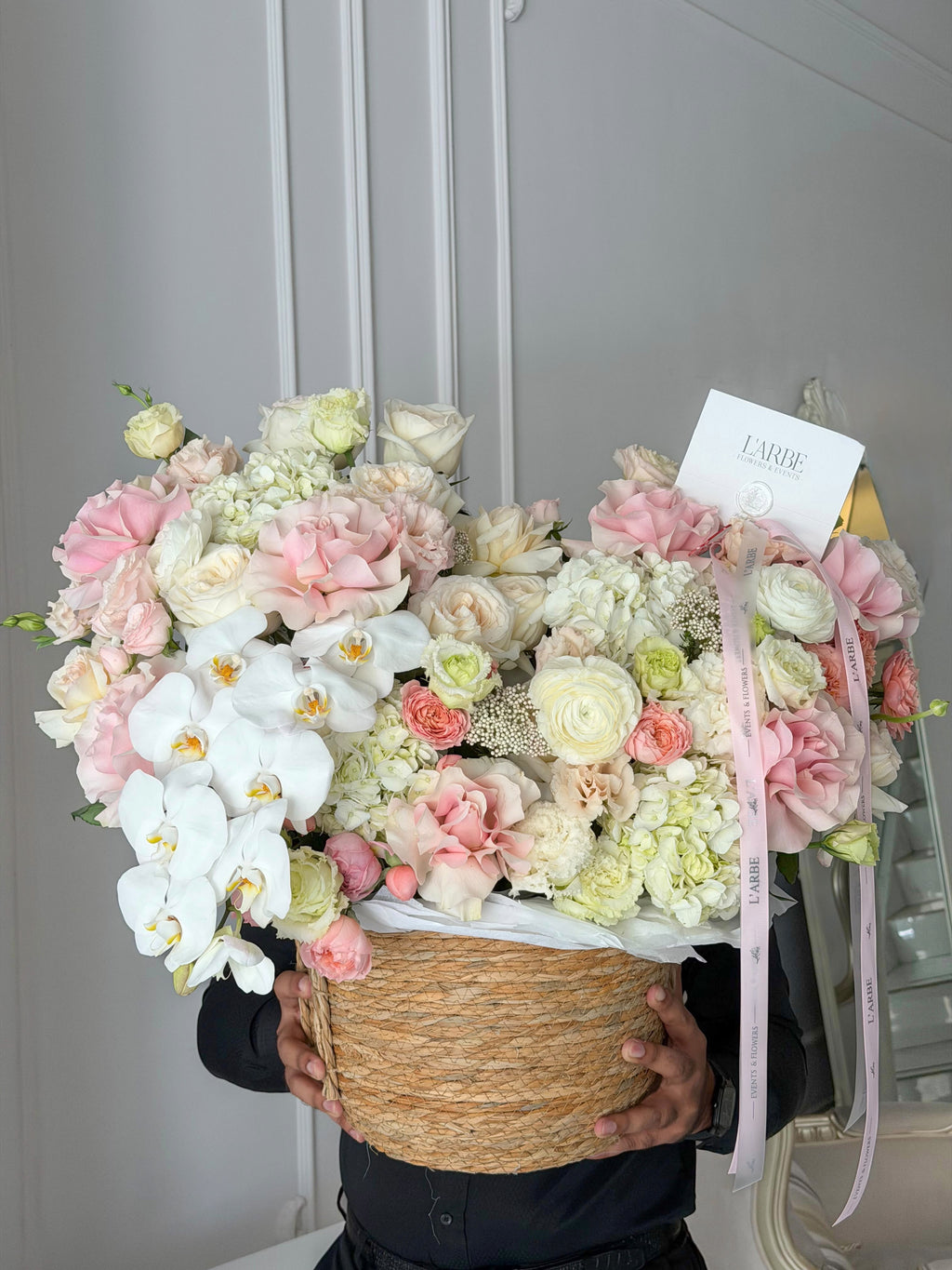 FLOWERS BOUQUET IN A BASKET WITH ORHID FRENCH ROSES “BREEZE”