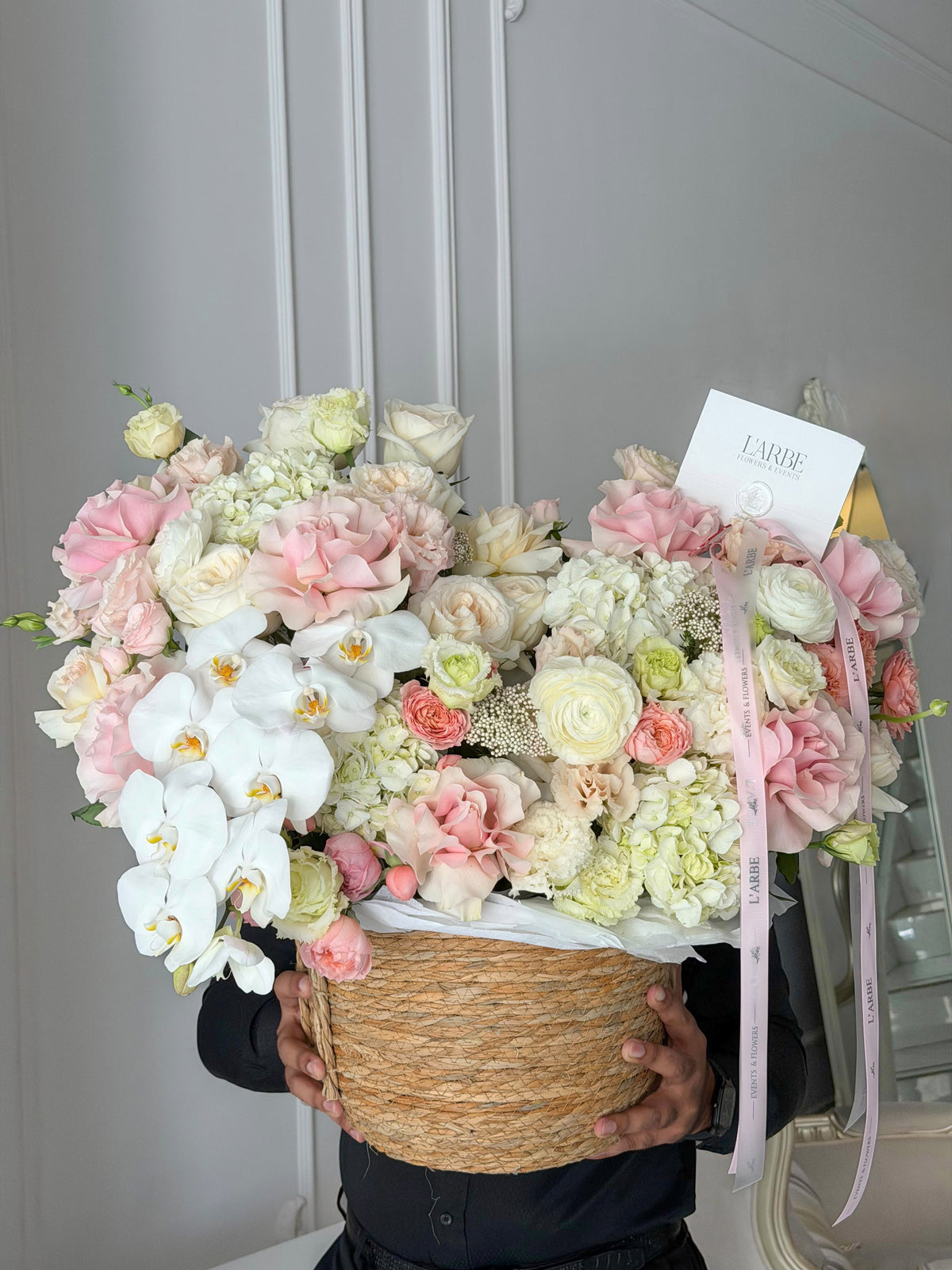 FLOWERS BOUQUET IN A BASKET WITH ORHID FRENCH ROSES “BREEZE”