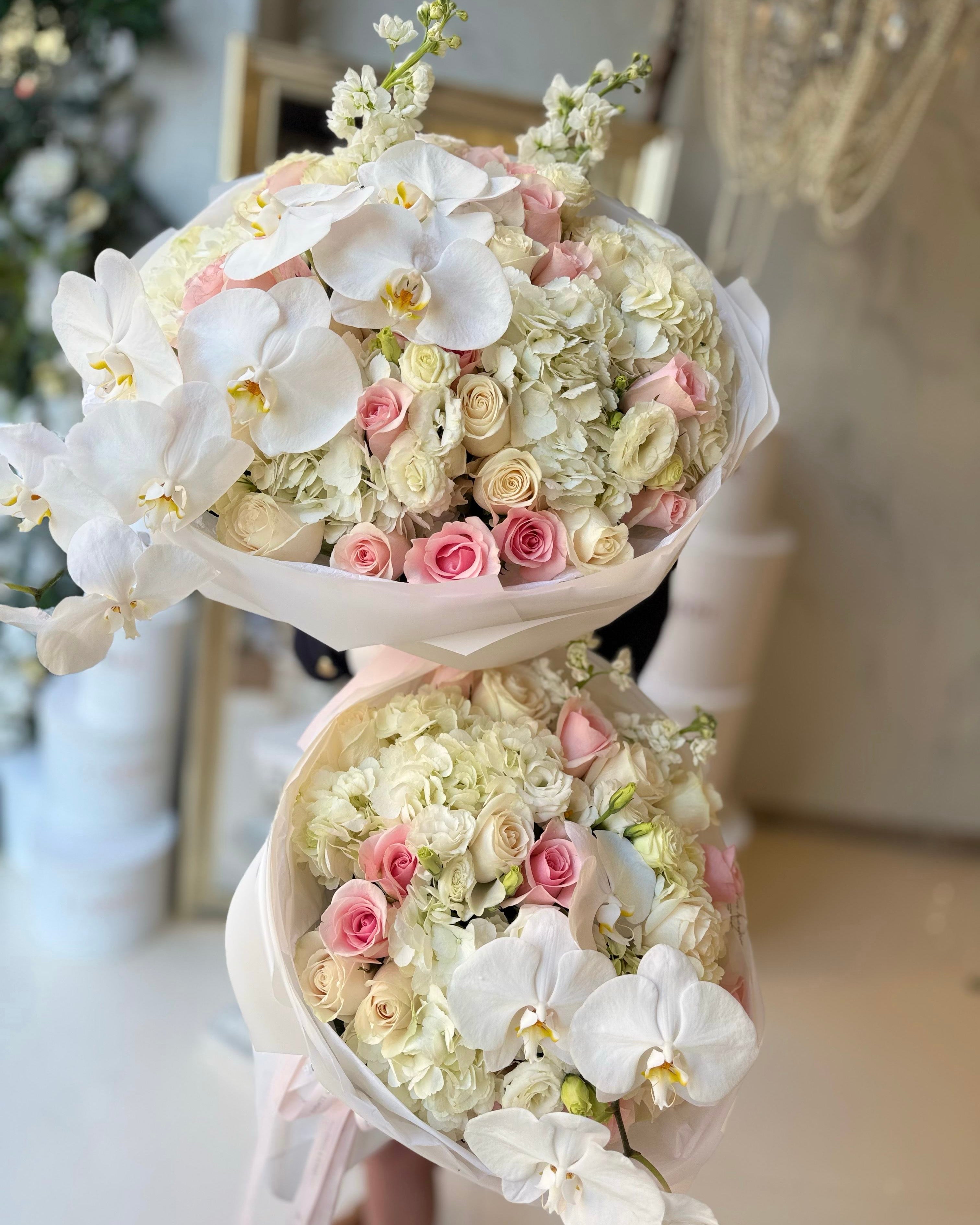 WHITE FLOWERS BOUQUET WITH ORCHIDS, HYDRANGEA AND ROSES - LIKE MUMMY LIKE DAUGHTER 2 BOUQUET