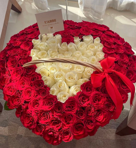 Mix red and white roses in basket “double heart basket”