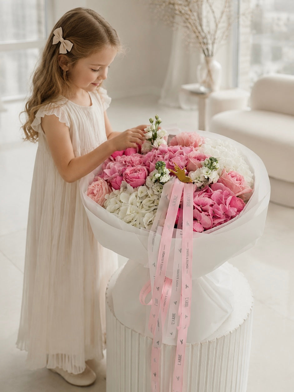 FLOWERS BOUQUET WITH HYDRANGEAS AND MATTHIOLA “SPARKLE”