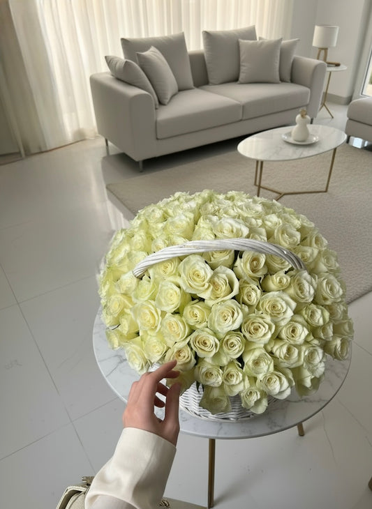 FLOWERS BASKET WITH 101 MINI WHITE ROSES