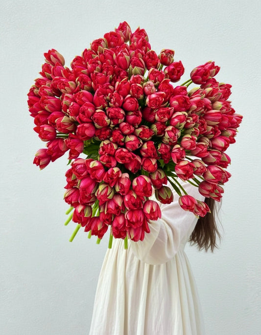 FLOWERS BOUQUET WITH DOUBLE PETAL RED TULIPS 201 PCS