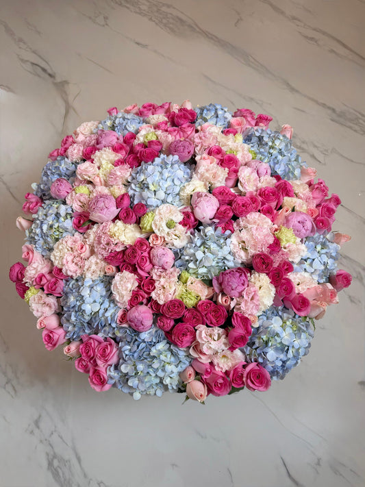FLOWERS BASKET WITH HYDRANGEAS AND ROSES BLUE AND PINK