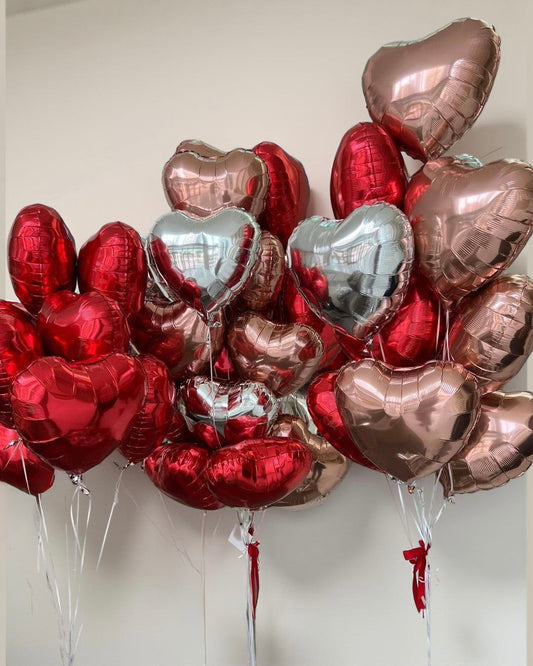 HELIUM BALLOONS “RED, SILVER AND ROSE GOLD HEARTS”