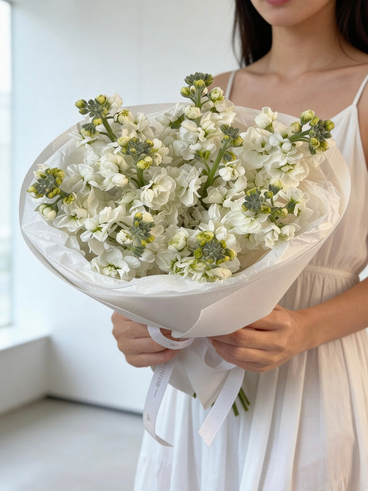 WHITE FLOWERS BOUQUET WHITE MATHIOLA-9 pcs