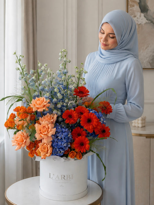 FLOWERS BOX WITH HERBERA AND HYDRANGEA “BLAZE”