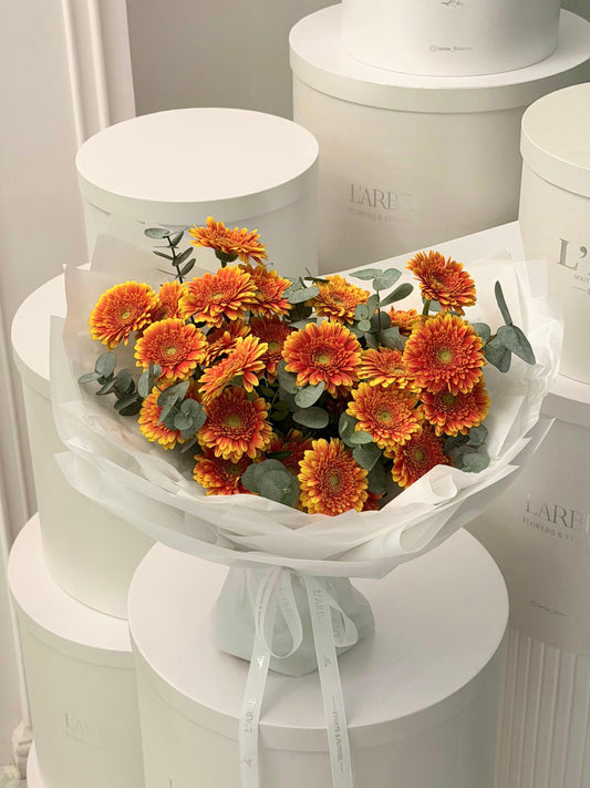 FLOWERS BOUQUET WITH HERBERA AND EUCALYPTUS