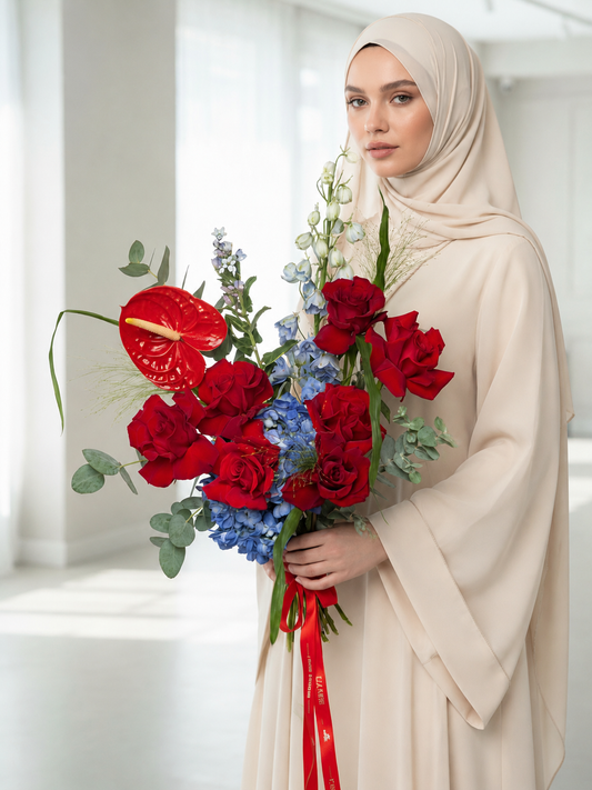 RED AND BLUE FLOWERS BOUQUET DELPHINIUM AND HYDRANGEA “MIRAGE”