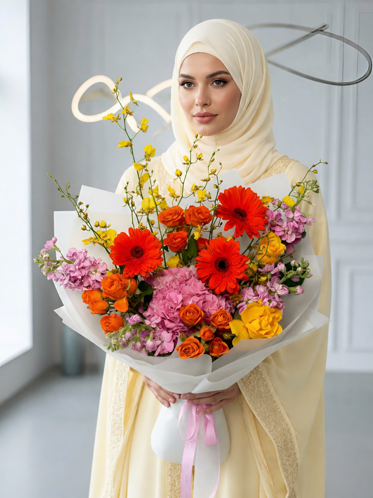 FLOWERS BOUQUET WITH GERBERA AND MATTHIOLA “FIERCE”