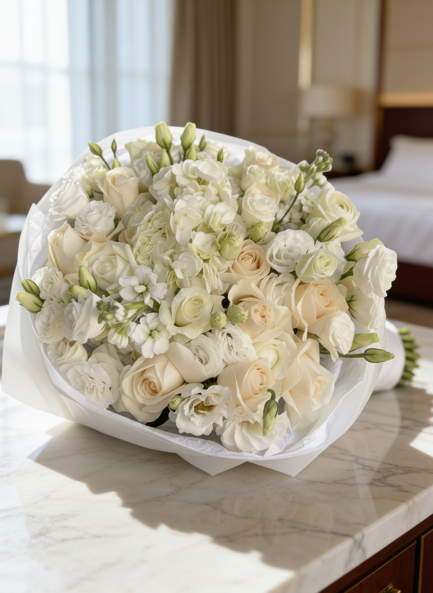 WHITE FLOWER BOUQUET WITH ROSES AND RANUNCULUS