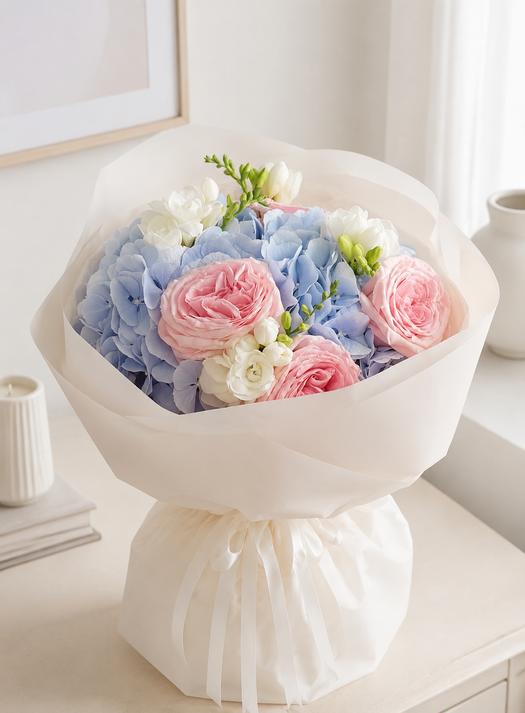 FLOWERS BOUQUET WITH BLUE HYDRANGEAS AND ROSES