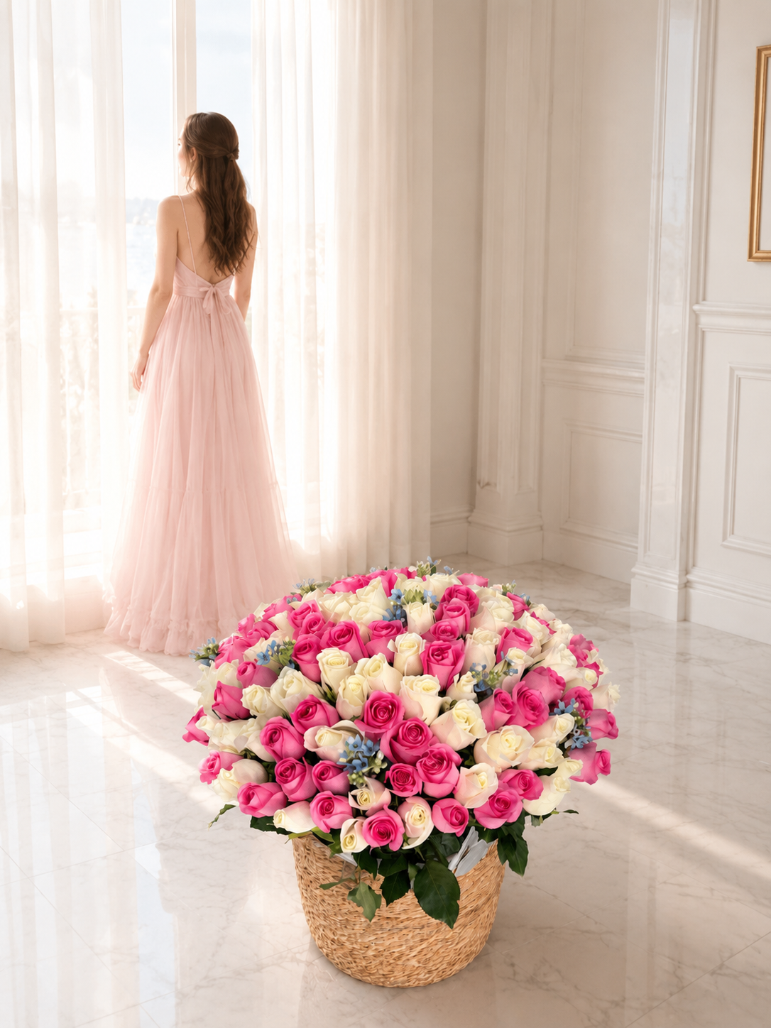 FLOWERS BASKET WITH ROSES PINK AND WHITE