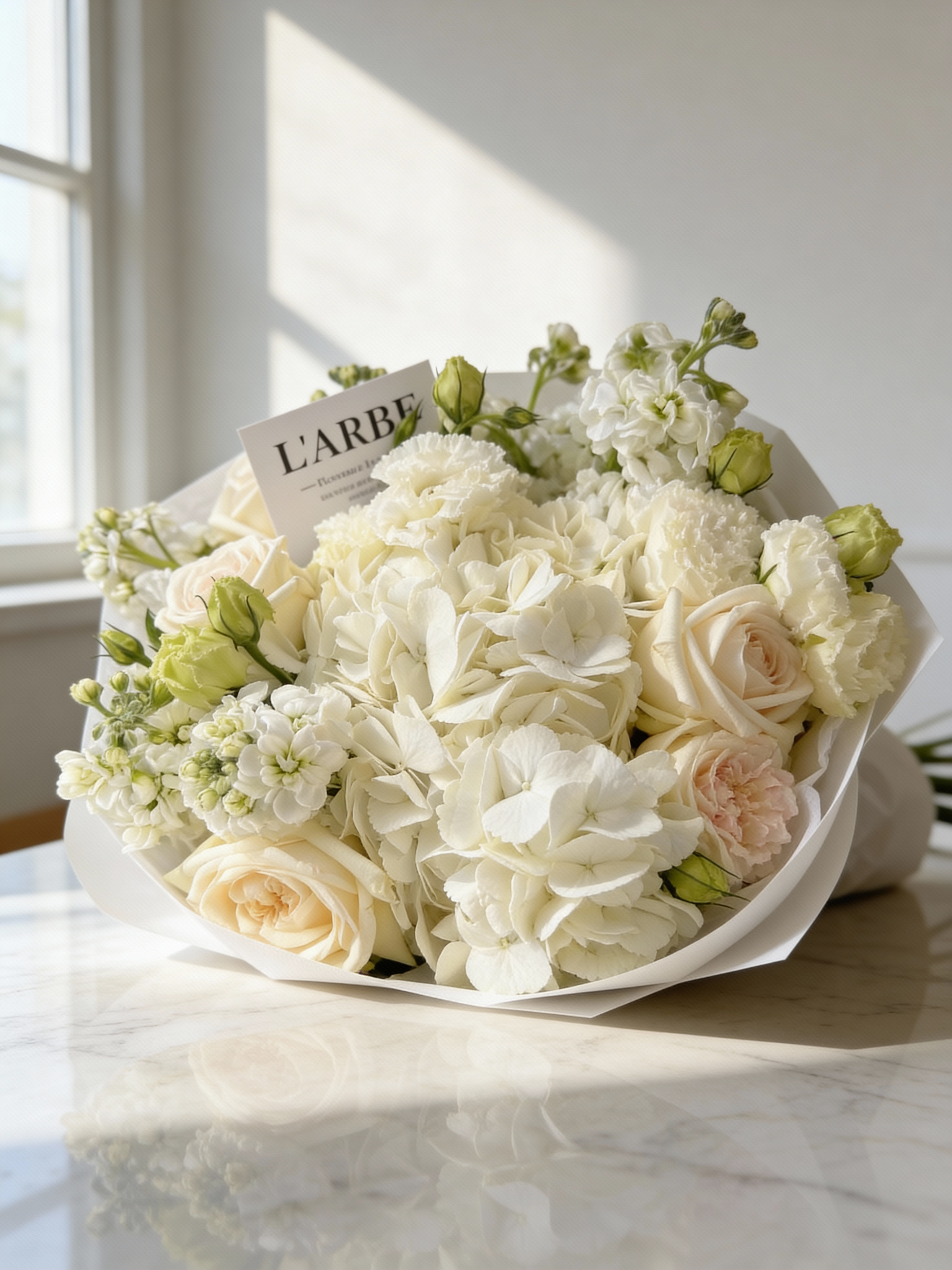 WHITE FLOWERS BOUQUET WITH HYDRANGEA, MATTHIOLA, ROSES AND DIANTUS