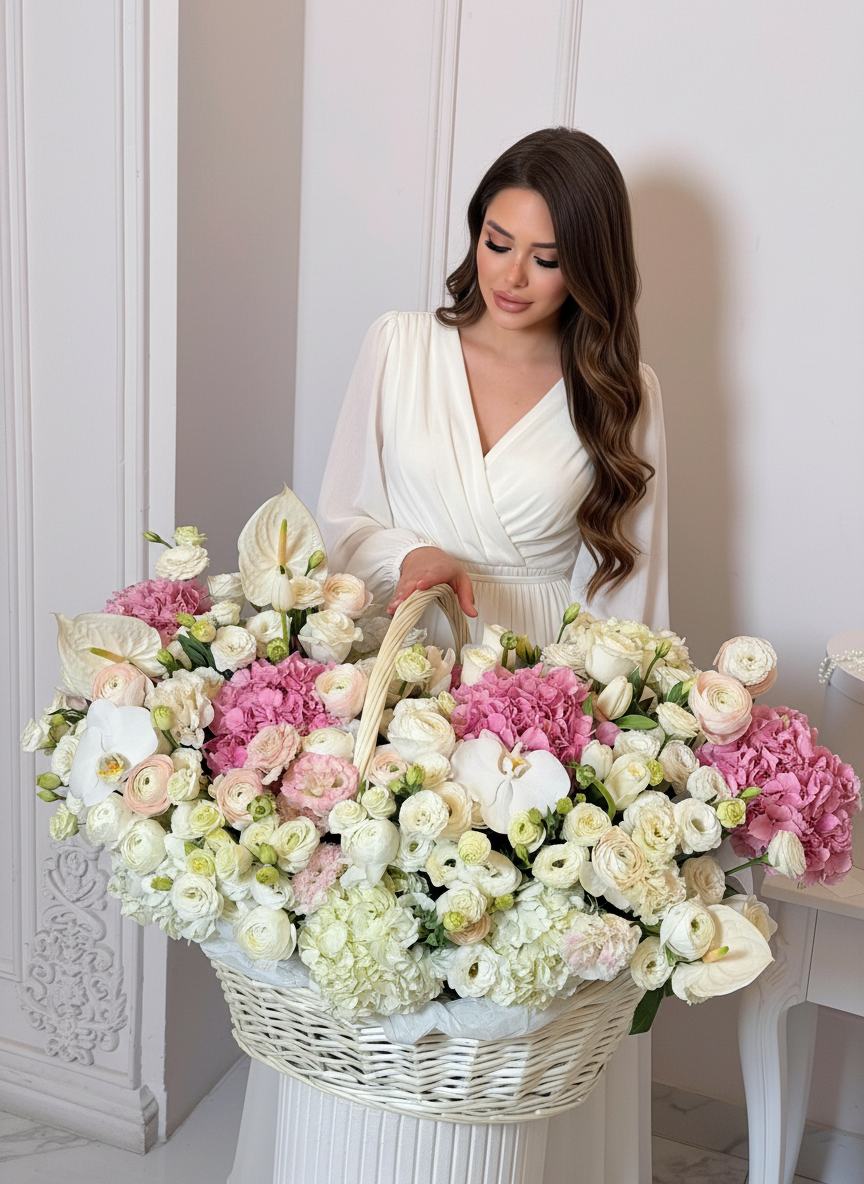 FLOWERS BASKET WITH HYDRANGEAS AND EUSTOMA “ALIANNA” HUGE