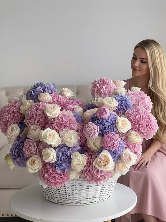 FLOWERS BASKET WITH HYDRANGEAS AND ROSES “PUREHEART”