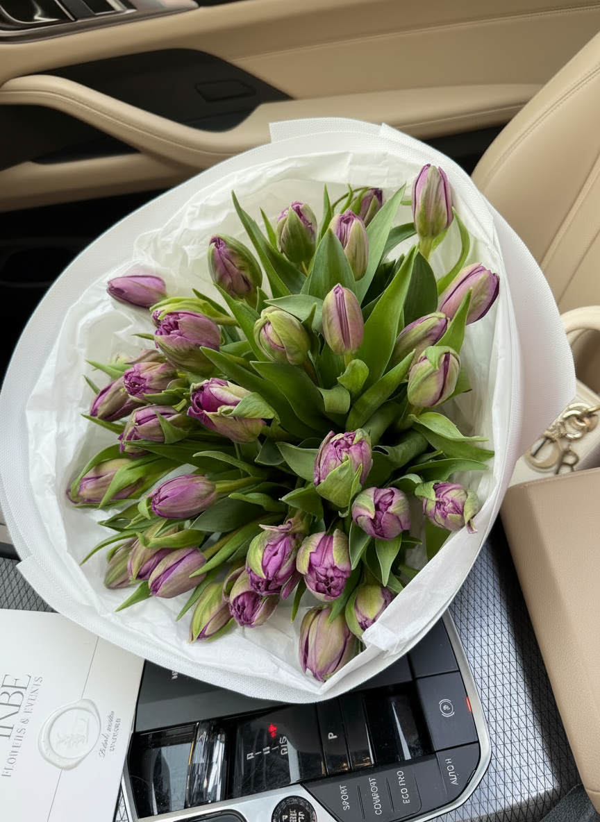 FLOWERS BOUQUET WITH LILAC MARRIAGE TULIPS 35 PCS