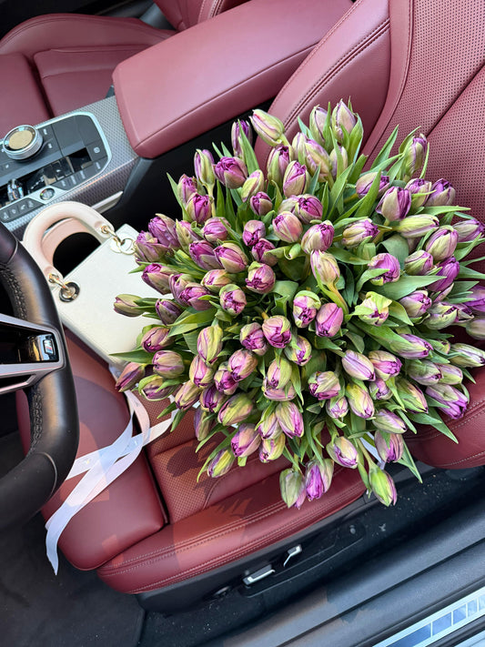 FLOWERS BOUQUET WITH LILAC MARRIAGE TULIPS 101 PCS