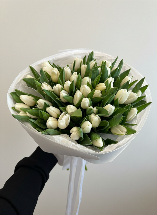 FLOWERS BOUQUET WITH WHITE TULIPS 49 PCS