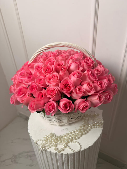 FLOWERS BASKET WITH 71 PINK ROSES IN BASKET