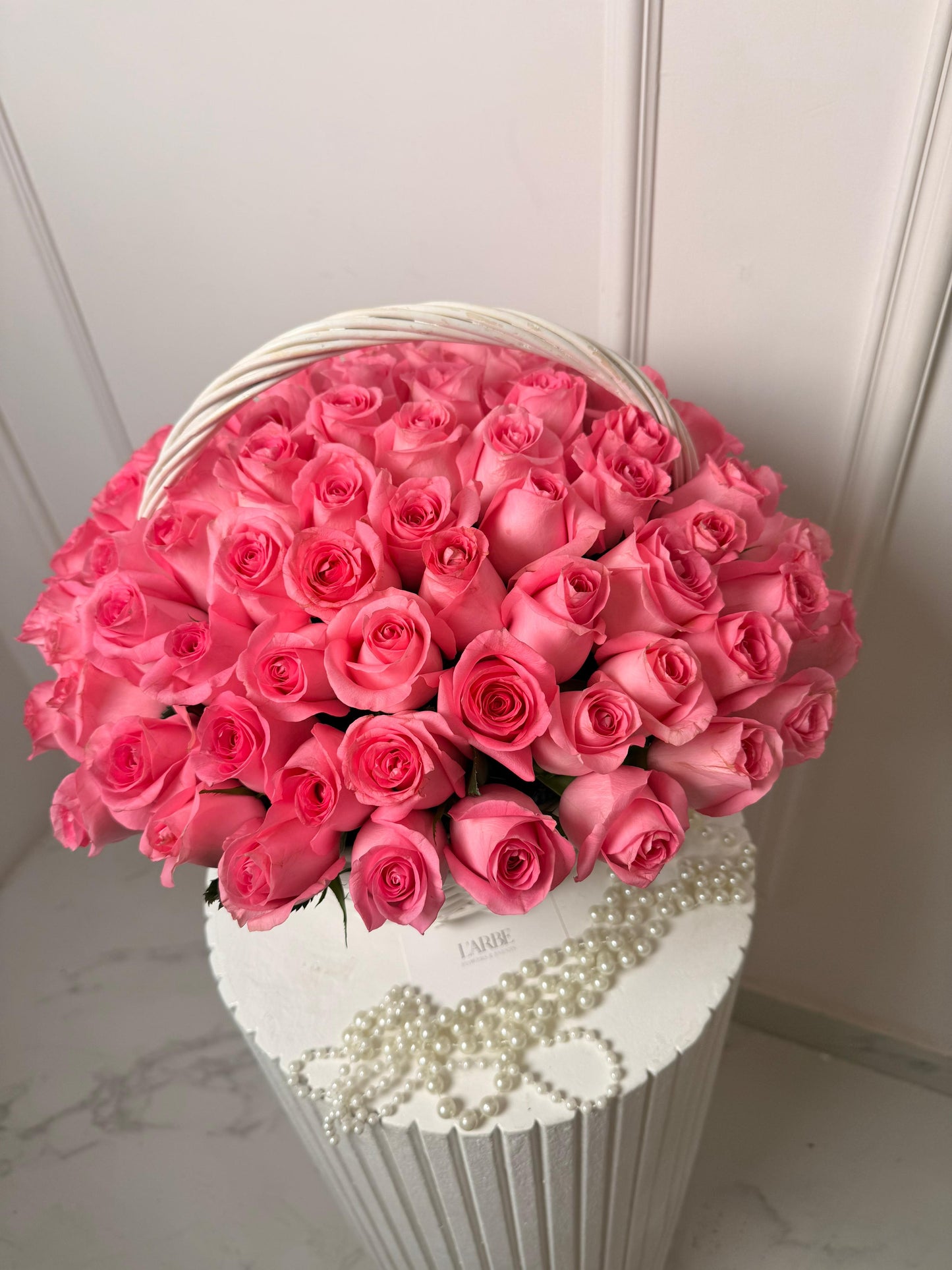 FLOWERS BASKET WITH 71 PINK ROSES IN BASKET