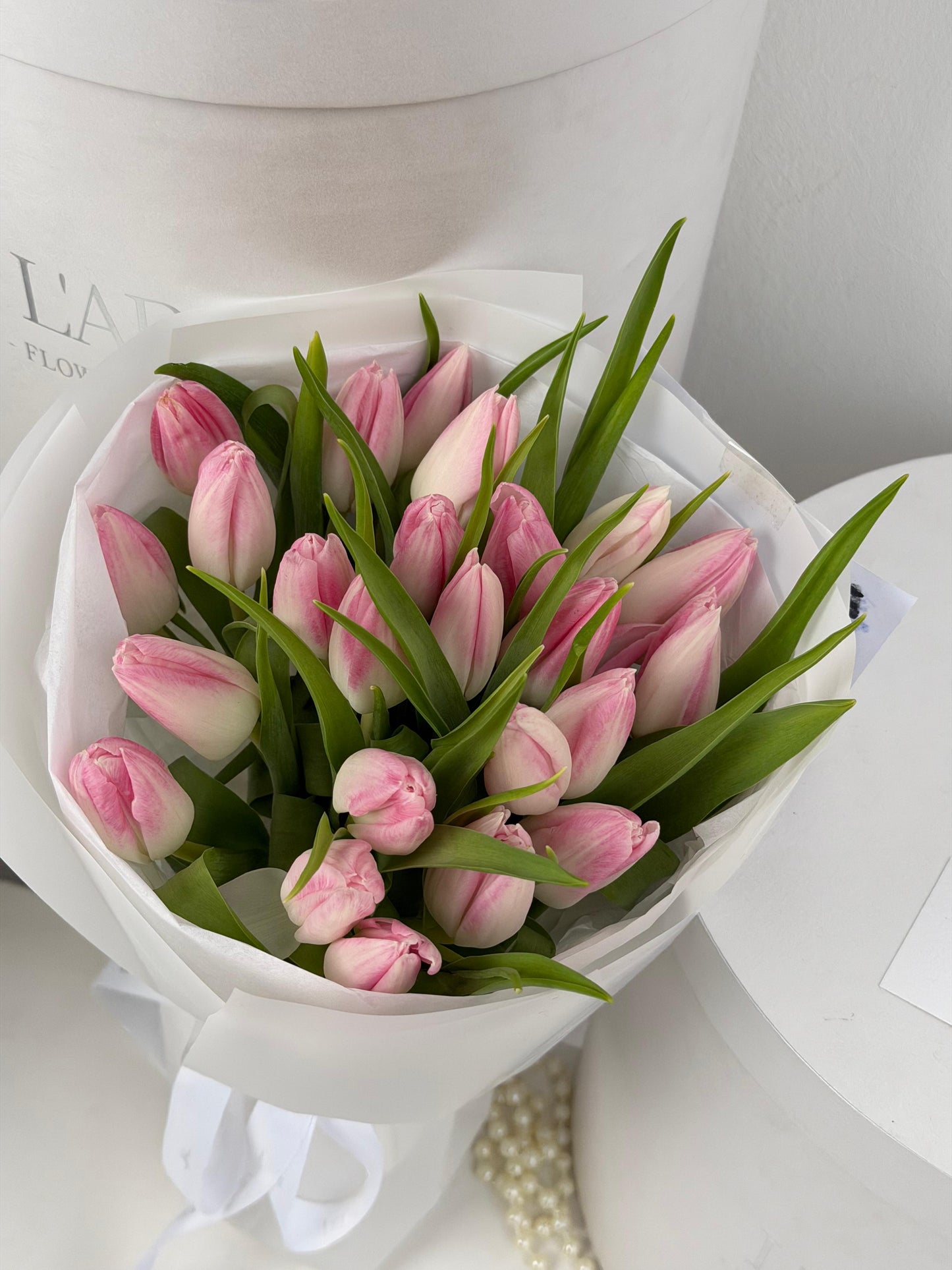 FLOWERS BOUQUET WITH LIGHT PINK TULIPS 25 PCS