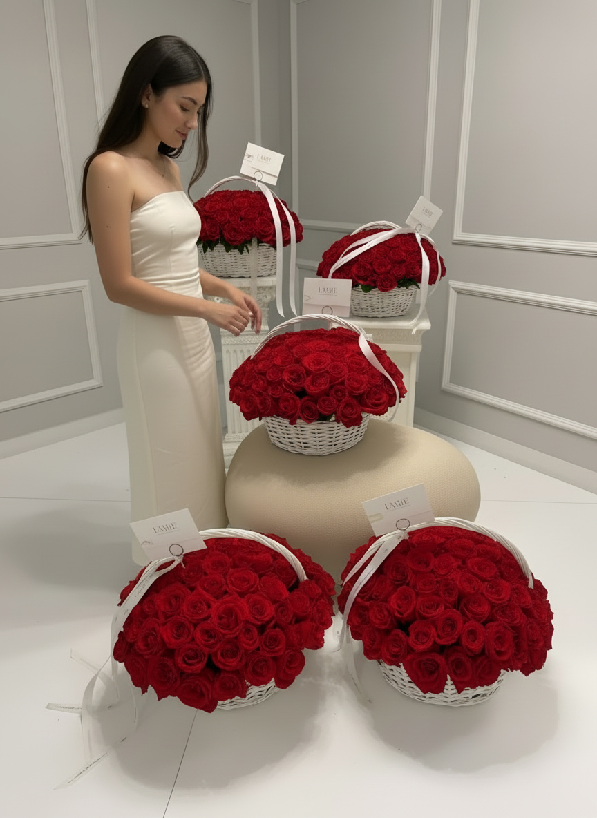 FLOWERS SET WITH 5 BASKET WITH RED STANDART ROSES - 1 PC-85 STANDARD ROSES
