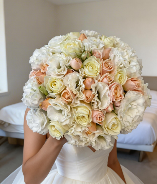 BRIDAL WHITE AND PEACH BOUQUET WITH ROSES AND EUSTOMA
