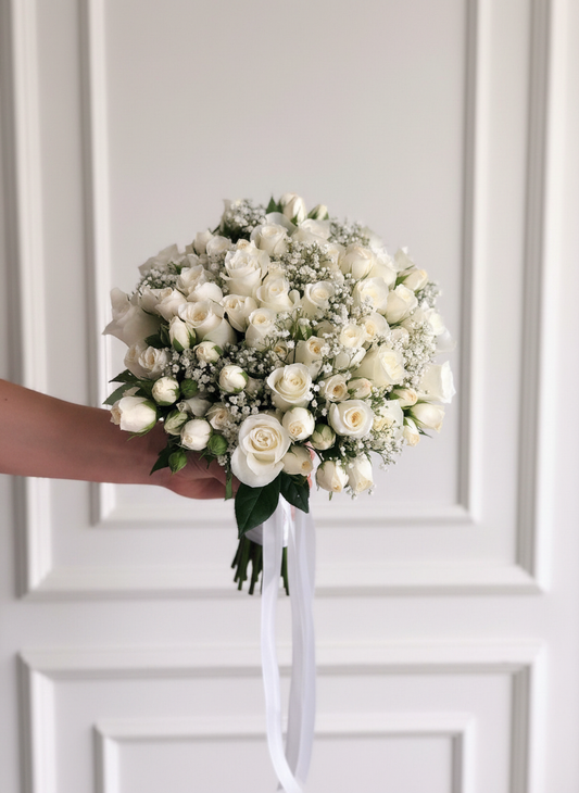 BRIDAL BOUQUET WITH ROSES AND GYPSOPHILA