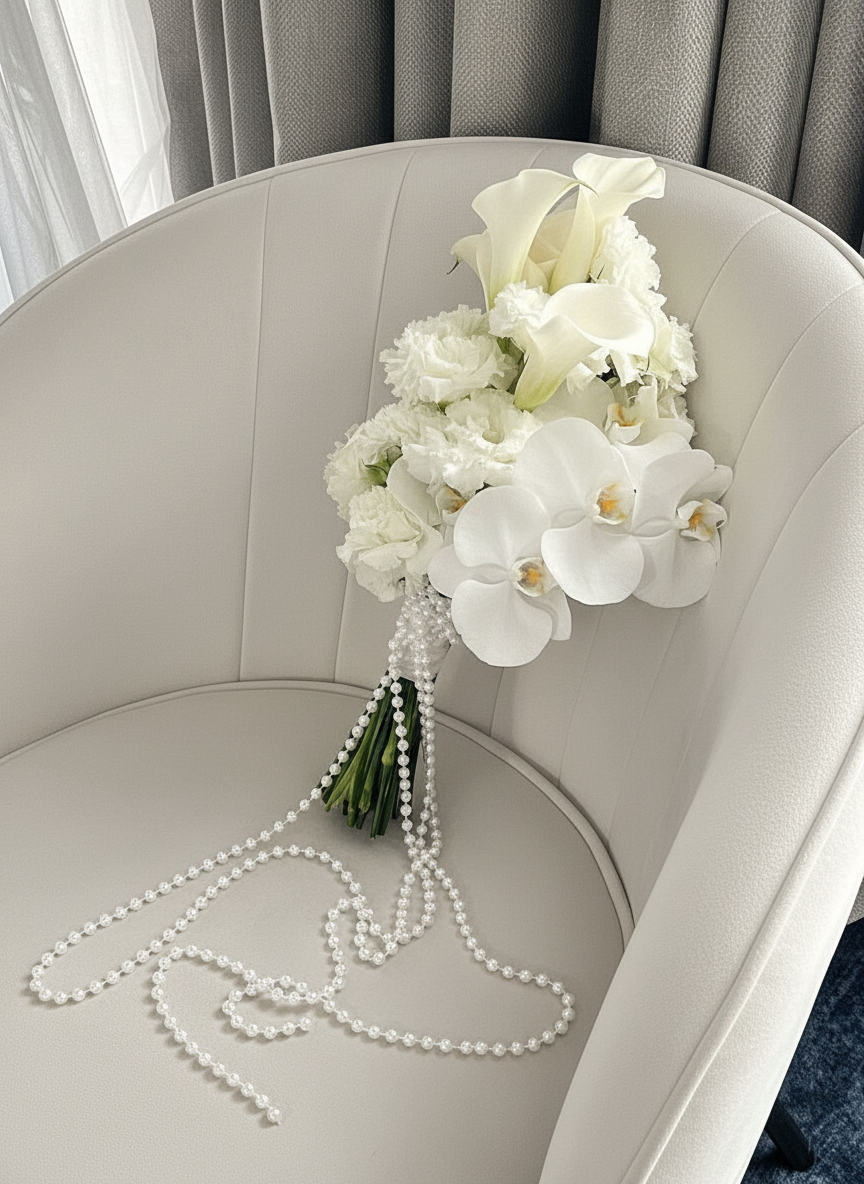 WEDDING FLOWERS BOUQUET WITH CALLA LILIES AND ORCHIDS, EUSTOMA