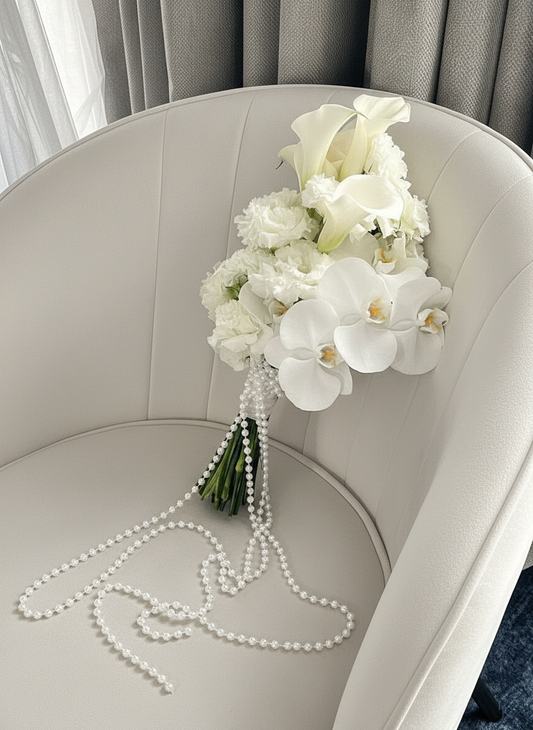WEDDING FLOWERS BOUQUET WITH CALLA LILIES AND ORCHIDS, EUSTOMA