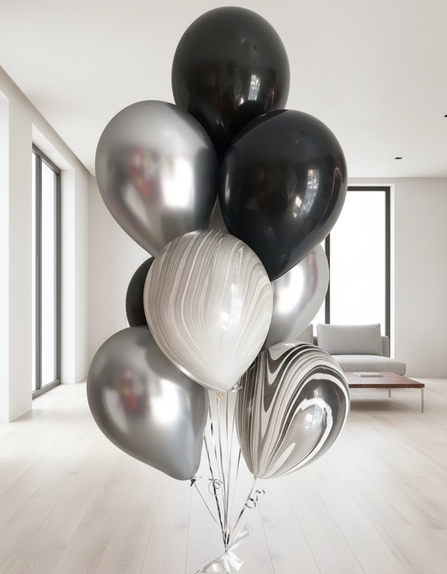 HELIUM BALLOONS SET “WHITE, BLACK AND SILVER” (0072)