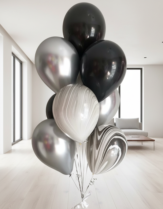 HELIUM BALLOONS SET “WHITE, BLACK AND SILVER” (0072)