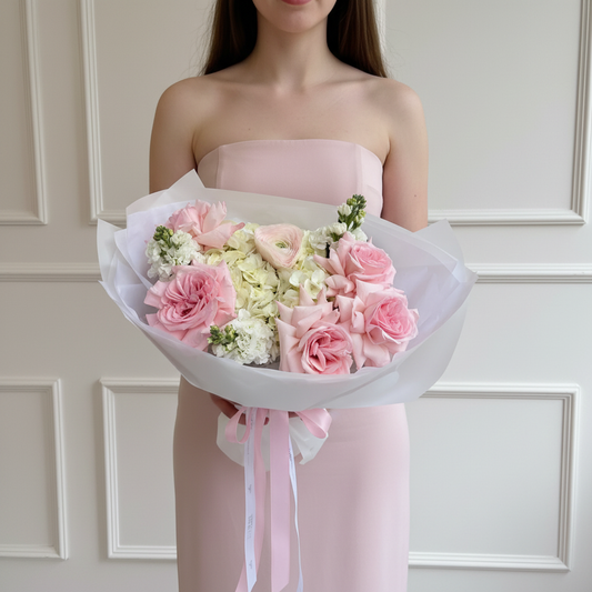 FLOWERS BOUQUET WITH HYDRANGEAS AND MATTHIOLA