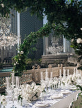 Elegant White & Green Luxury Wedding Table Setting with Crystal Chandeliers, Floral Decor & Candlelight (28-30 person)– Rent