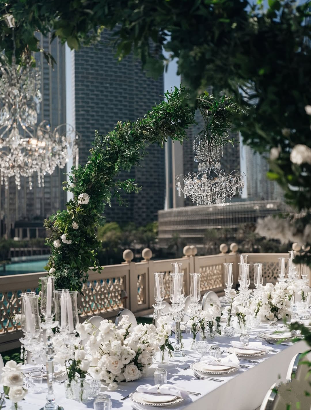Elegant White & Green Luxury Wedding Table Setting with Crystal Chandeliers, Floral Decor & Candlelight (28-30 person)– Rent