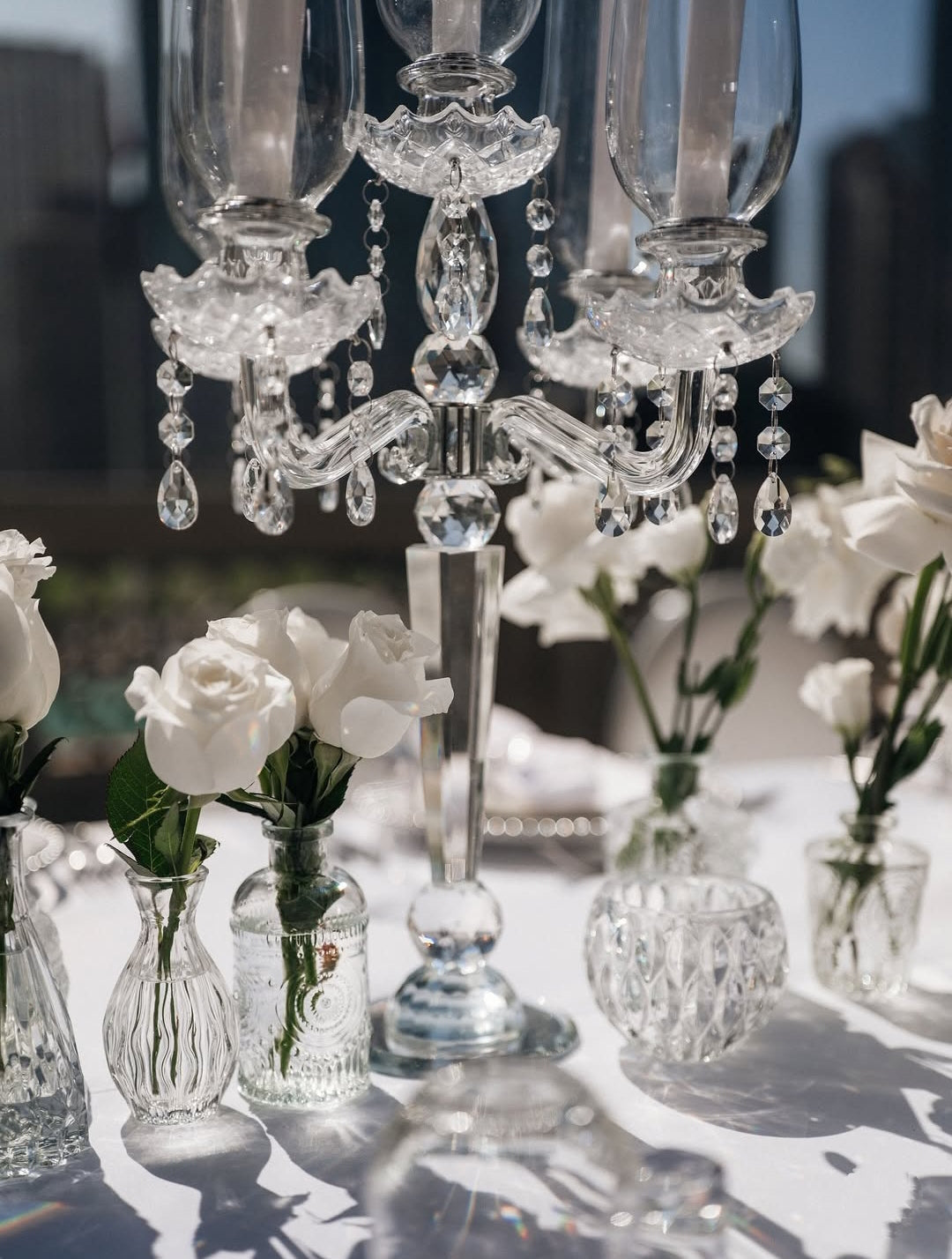 Elegant White & Green Luxury Wedding Table Setting with Crystal Chandeliers, Floral Decor & Candlelight (28-30 person)– Rent