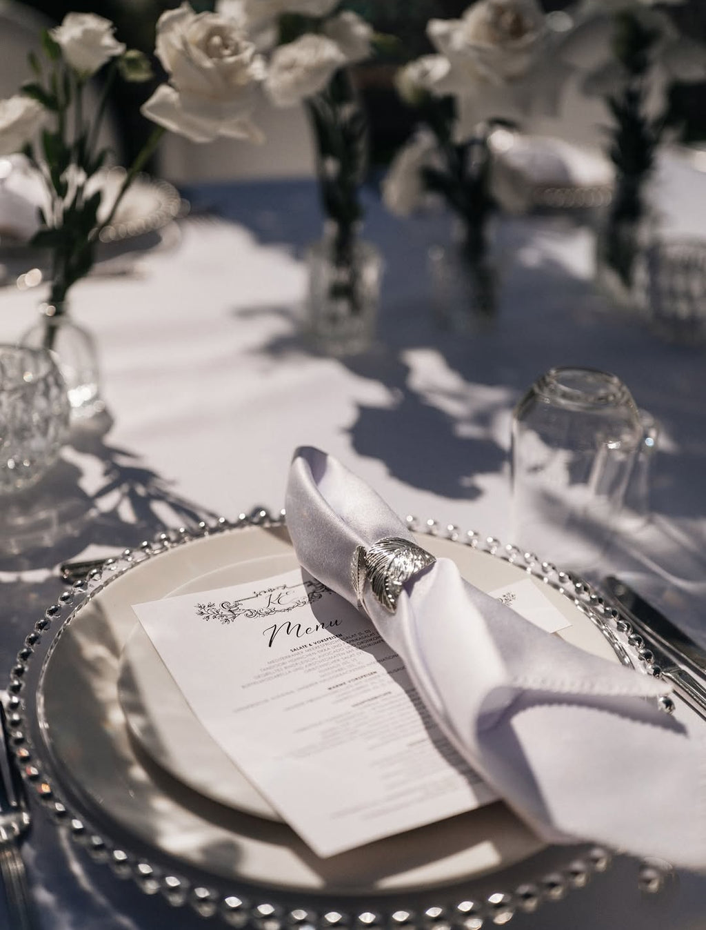 Elegant White & Green Luxury Wedding Table Setting with Crystal Chandeliers, Floral Decor & Candlelight (28-30 person)– Rent