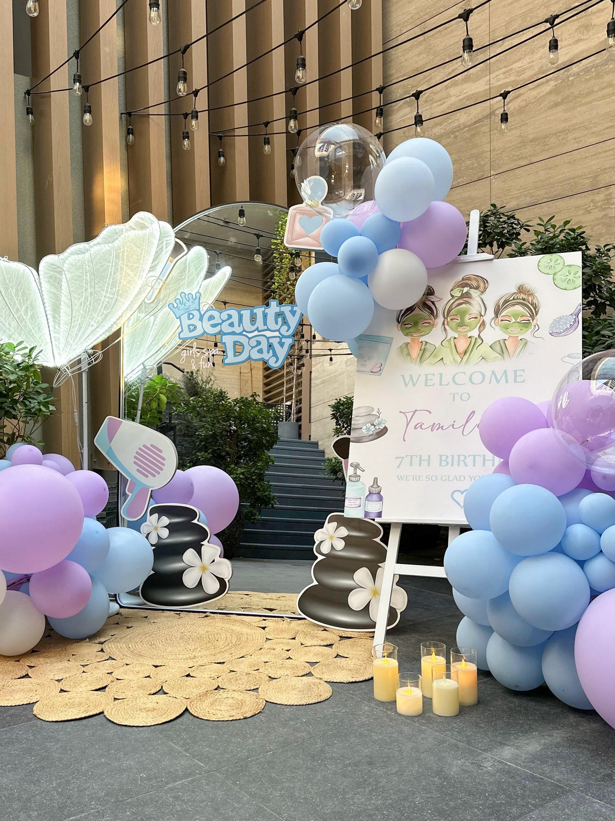 Kids spa backdrop (photo zone) with butterfly and balloons - light blue, purple, lavender, clear, candles, mirror (rent)